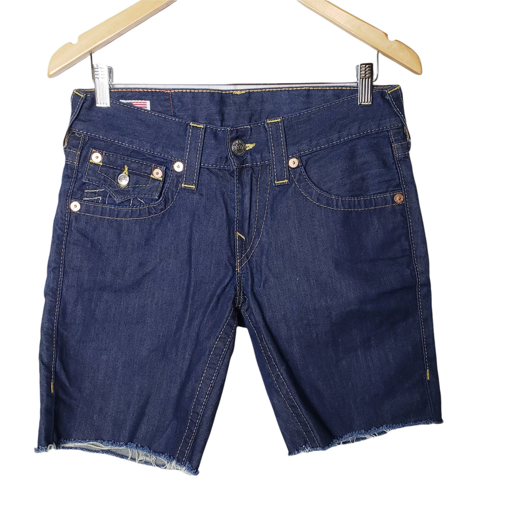 True Religion Size 28 Ricky Cut Off Raw Hem Flap Pockets Shorts Indigo Blue